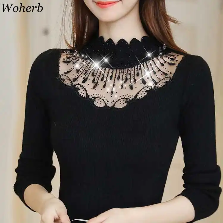 Woherb Black Sweater Women Half Turtleneck Long Sleeve Pullovers Lace Patchwork See Through Slim Knit Tops Korean Fashion 90961