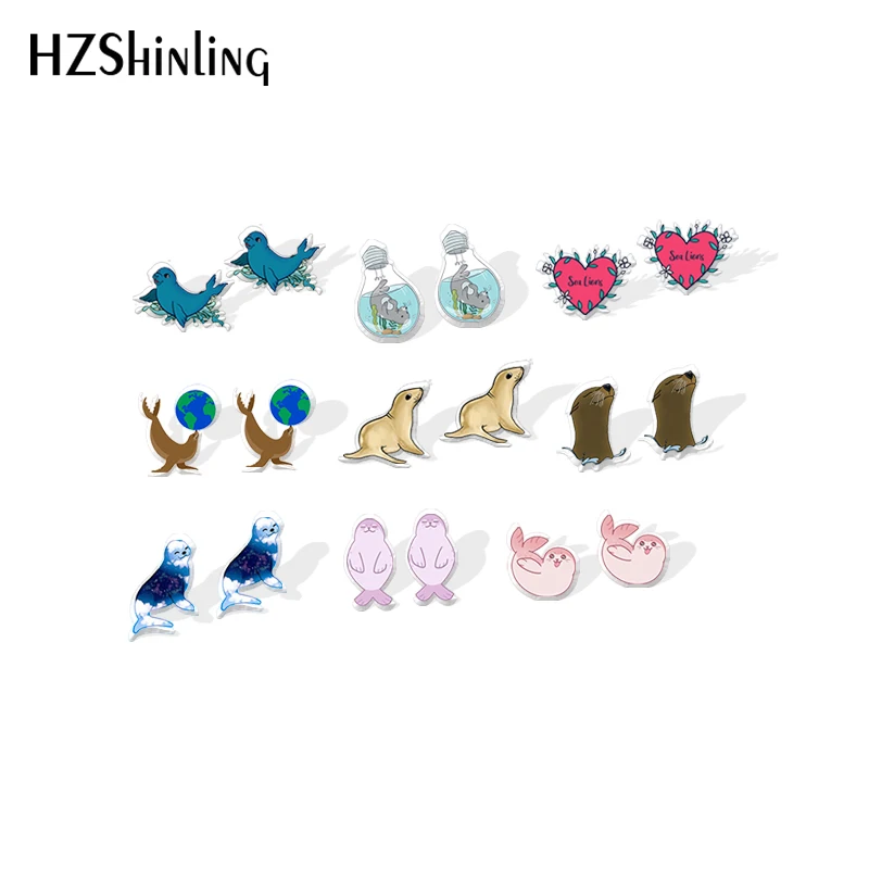 2021 New Cute Sea lion Stud Earring Animal Acrylic Resin Earrings Epoxy Handmade Jewelry Gifts