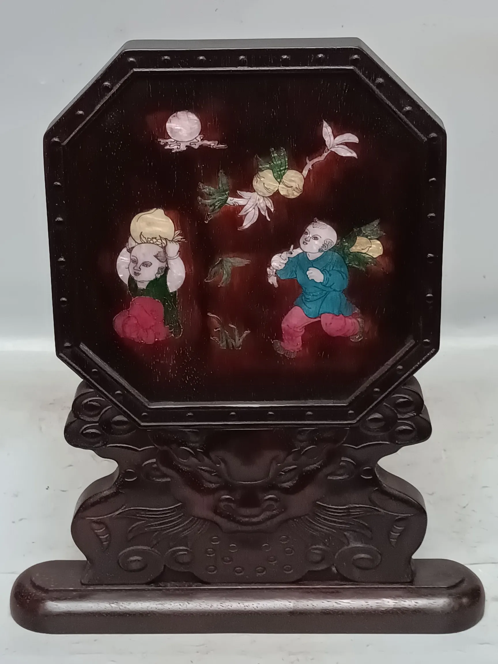 Collection Chinese vintage rosewood inlaid colored shell/children's peach pattern screen decoration/2 styles