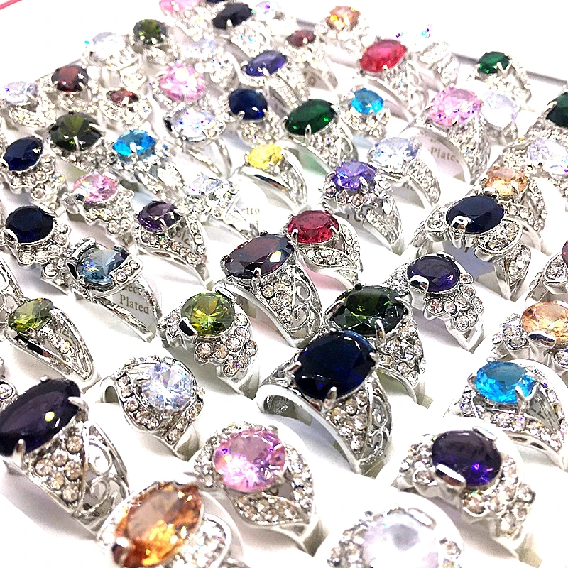 MixMax 50PCs Women\'s Rings Shining Zircon Stone Rhinestone Fashion Jewelry Wholesale Lot Party Gifts Mix Styles