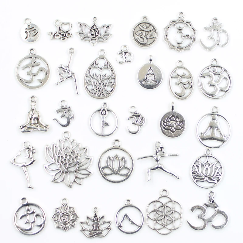 30pcs Charms Practicing Yoga Lotus Antique Silver Color Mixed Pendants DIY Random Findings Tibetan Making Jewelry Craft