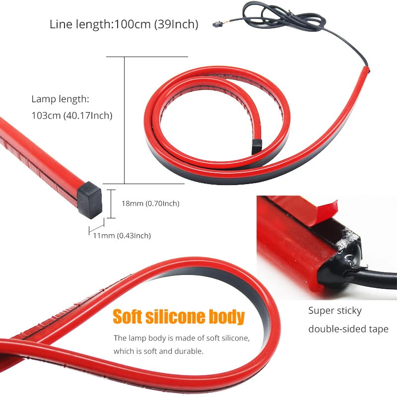 100CM Red Third Brake Light Led Stop Signal Strip Car Additional Brake Lights 12V Flexible Rear Window Safety Warning Lamp