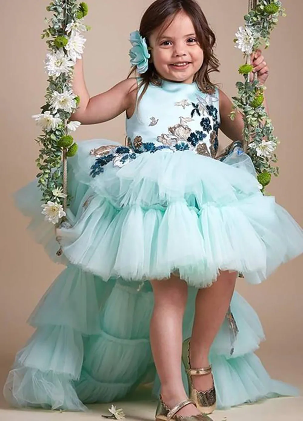 

O-Neck Sky Blue Lace Pink Flower Girl Dresses Ball Gown Hi-Lo Tulle Lilttle Kids Birthday Pageant Weddding Gowns