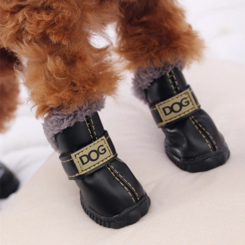 4 Pcs/set Winter Pet Dog Shoes for Small Dogs Cats Fleece Super Warm PU Dog Snow Boots Waterproof Puppy Chihuahua Teddy Shoes