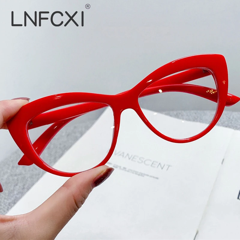 LNFCXI Fashion Eyeglasses Frames for Women Cat Eye Glasses Frame Red White Clear Optical Spectacles Blue Light Blocking Glasses