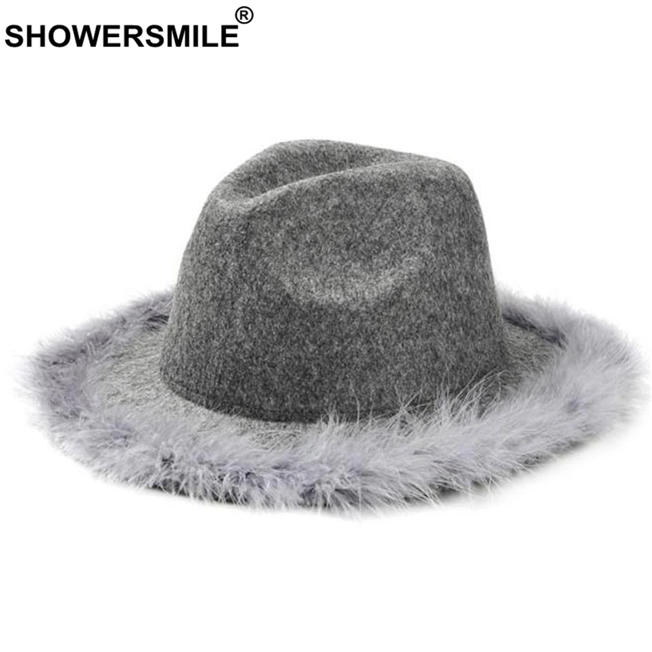 SHOWERSMILE Grey Women Fedora Hat With Feather Vintage Tweed Jazz Hat Female Wool Autumn Winter Caps Fashion Elegant Bucket Hat