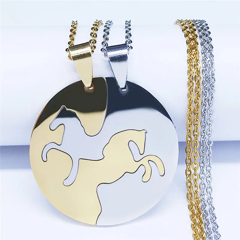 2PCS Horse Stainless Steel Pendant Necklace Women/Men Animal Couple Necklace BFF Friendship Jewelry Gift collier N923S01