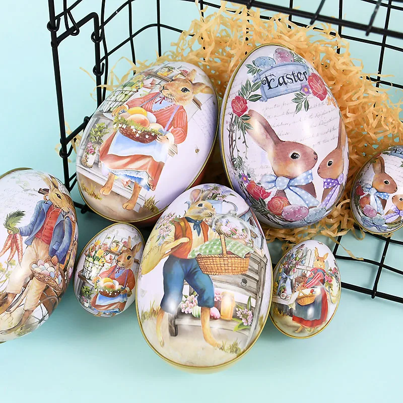 Metal Easter Egg Shape Candy Tin Cute Bunny Rabbit Printed Egg Candy Box Easter Festival Party Favor Gift Packaging Decorations