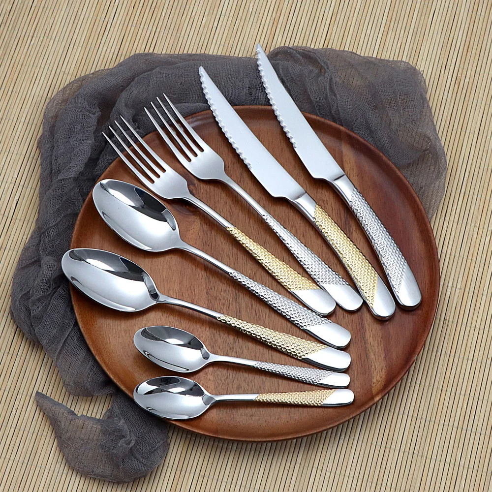Jaswehome 4pcs Stainless Steel Cutlery Set Steak Knife Steak Fork Fruit Salad Fork Dessert Spoon Dinner Spoon Dinnerware Set