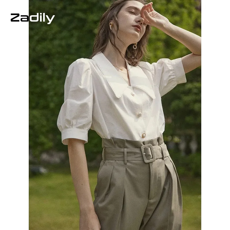 Zadily Chic Vintage Short Sleeve White Shirt Women Lace Turn Down Collar Puff Short Sleeve Blouse 2021 Summer Female Clothing