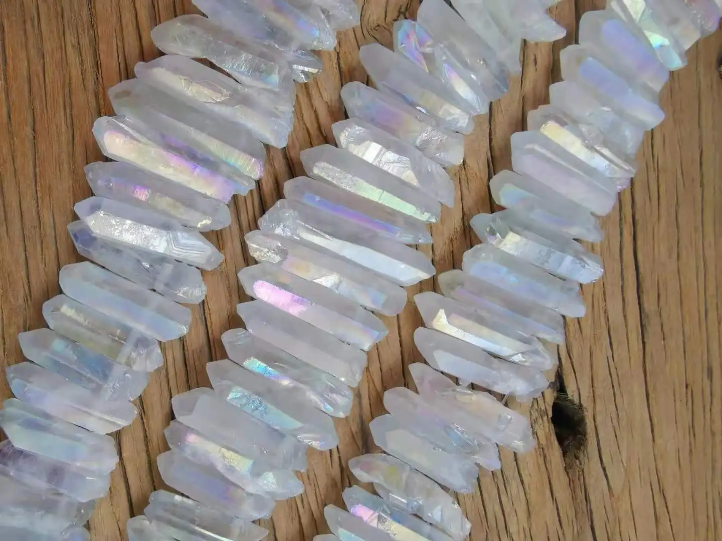 48Pcs/Strand Slab Rainbow Crystals Stick Points Beads Bulk,Drilled White Mystic Titanium Quartz Pendants