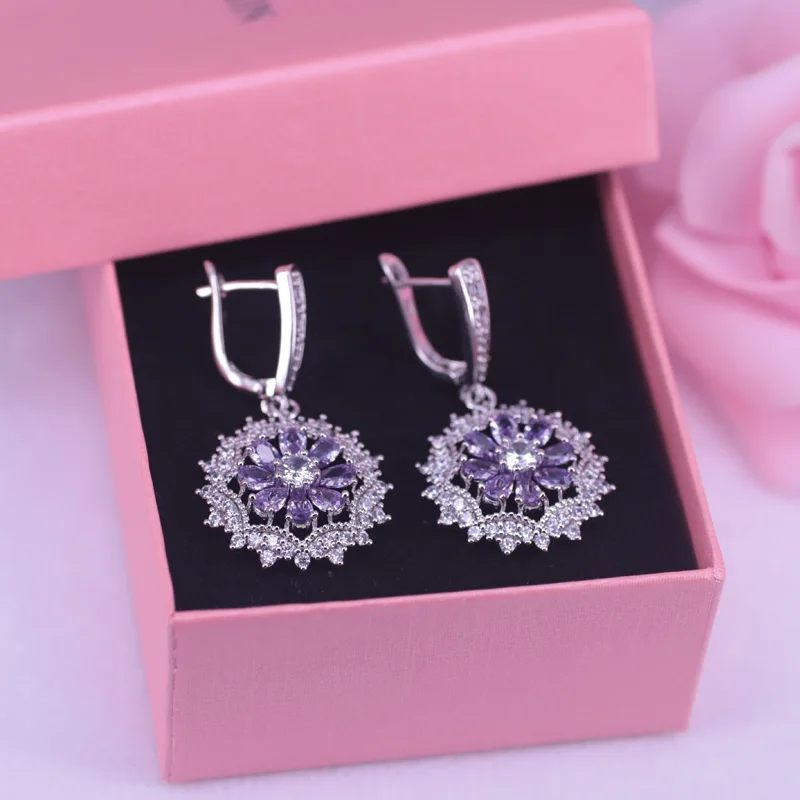 Risenj Silver 925 Jewelry Set For Women ins pop Daisy Square Jewelry Purple Zircon & Crystal Earrings Ring Necklace Bracelet Set