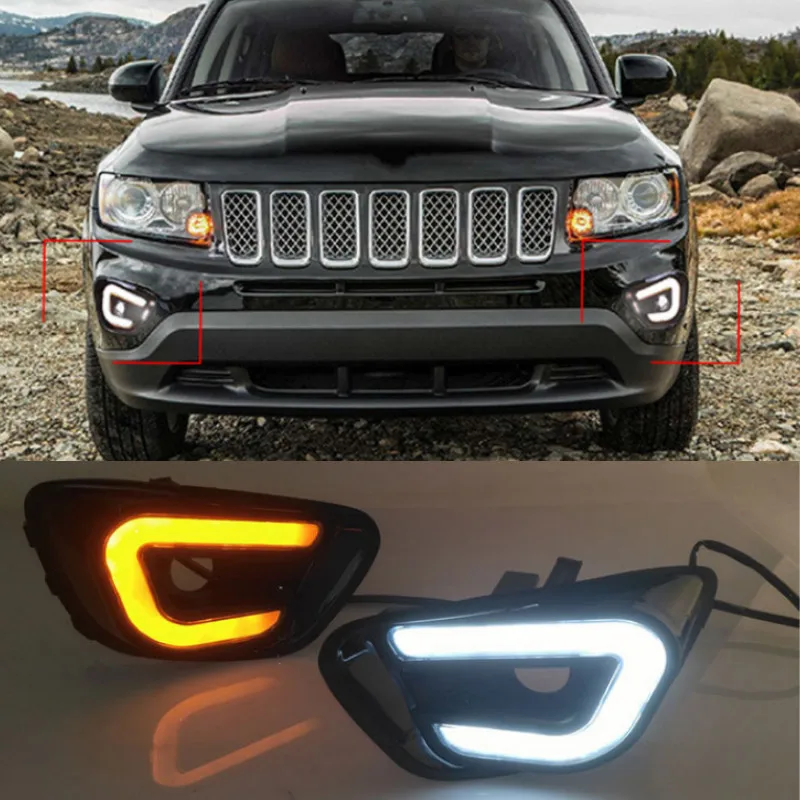 

2pcs Car LED Daytime DRL Running Light White+Yellow Side Turning Light Fog Lamp for Jeep Compass 2011 2012 2013 2014 2015 2016