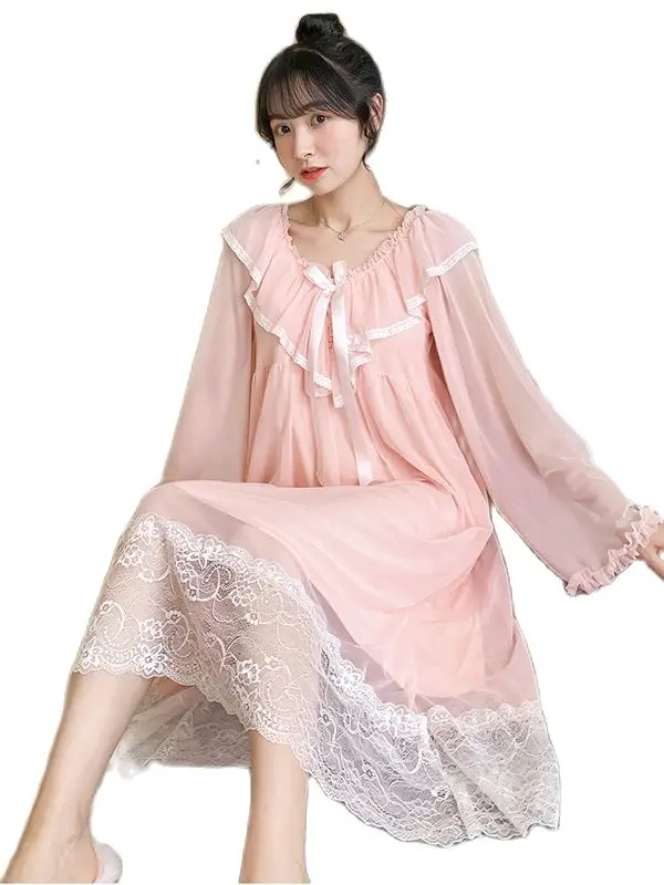 Women Cotton Dress Princess Sleepshirts Vintage Palace Style Lace Embroidered Nightgowns.Victorian Nightdress Lounge