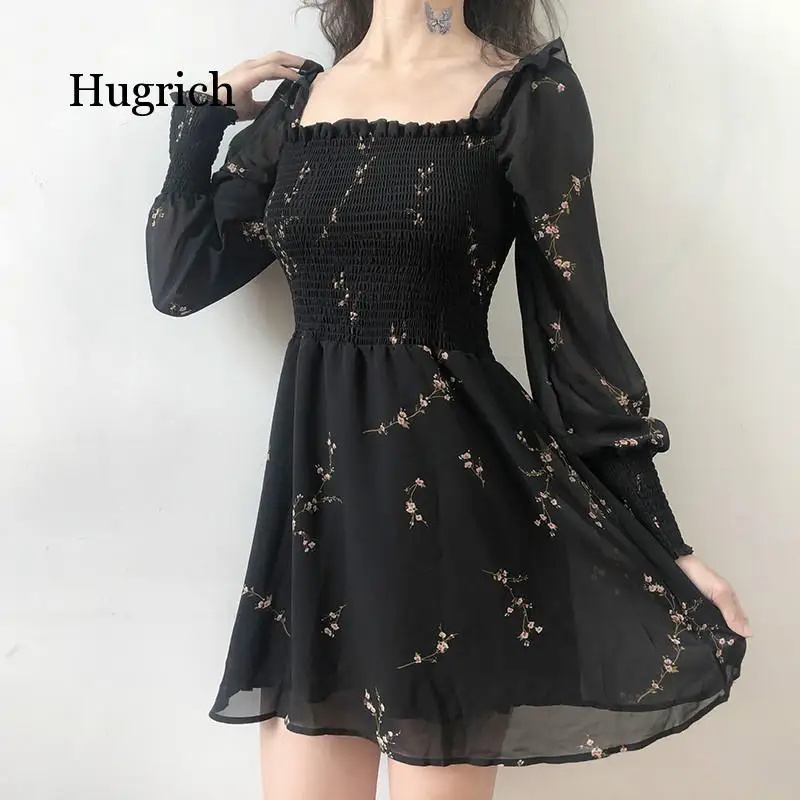 2020 Summer Womens Black Dress Vintage Flower Long Puff Sleeve Chiffon Dresses Korean Casual Mini Vestidos Mujer