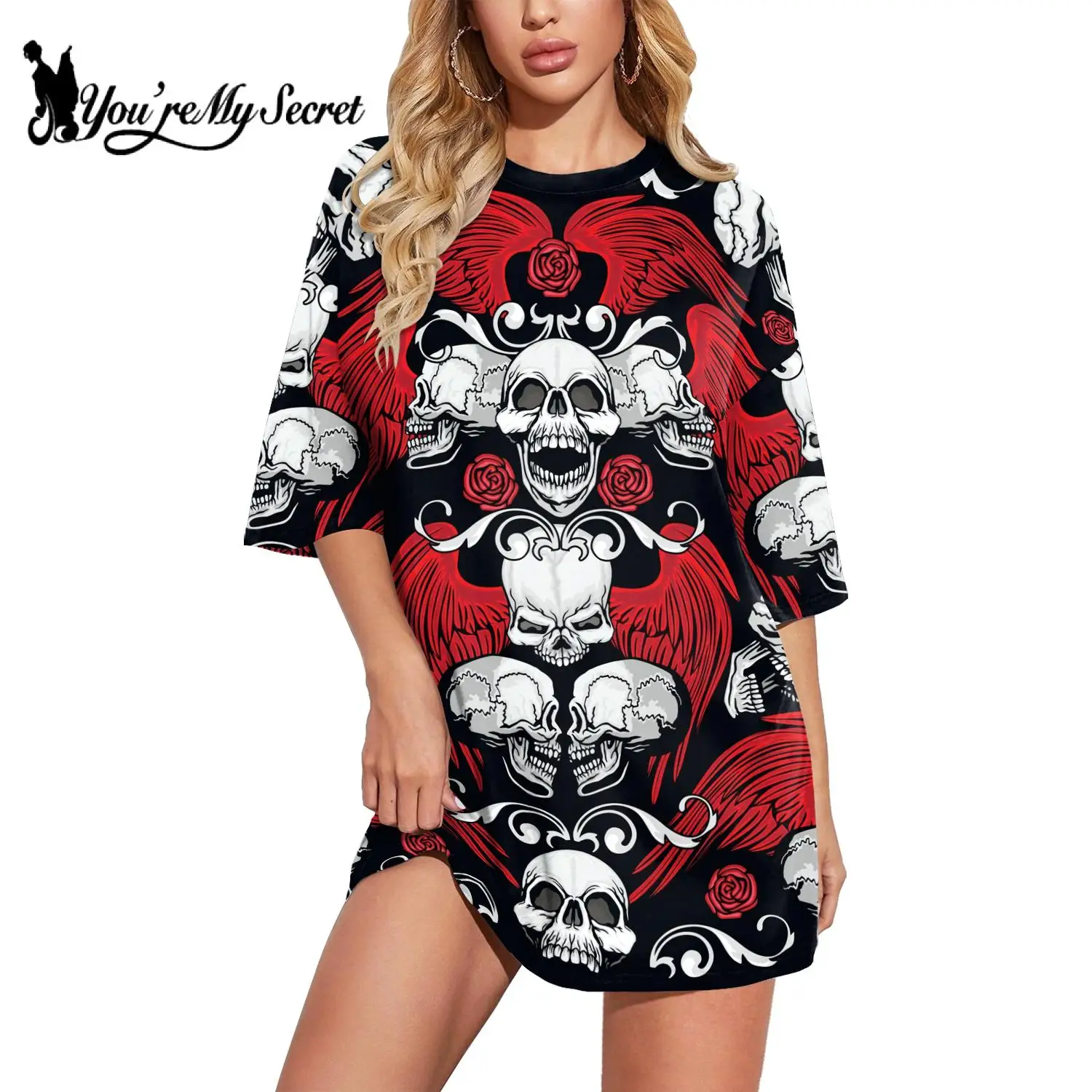 

[You're My Secret] Skull Printed T Shirt Loose Casual Summer Oversize Women Tee Shirt Summer Short Sleeve Hip Hop Tops