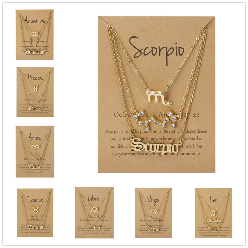 3Pcs/Set Best Friends Necklaces Fashion Cardboard Star Zodiac Sign Pendant 12 Constellation Charm Scorpio Necklace Jewelry Gifts