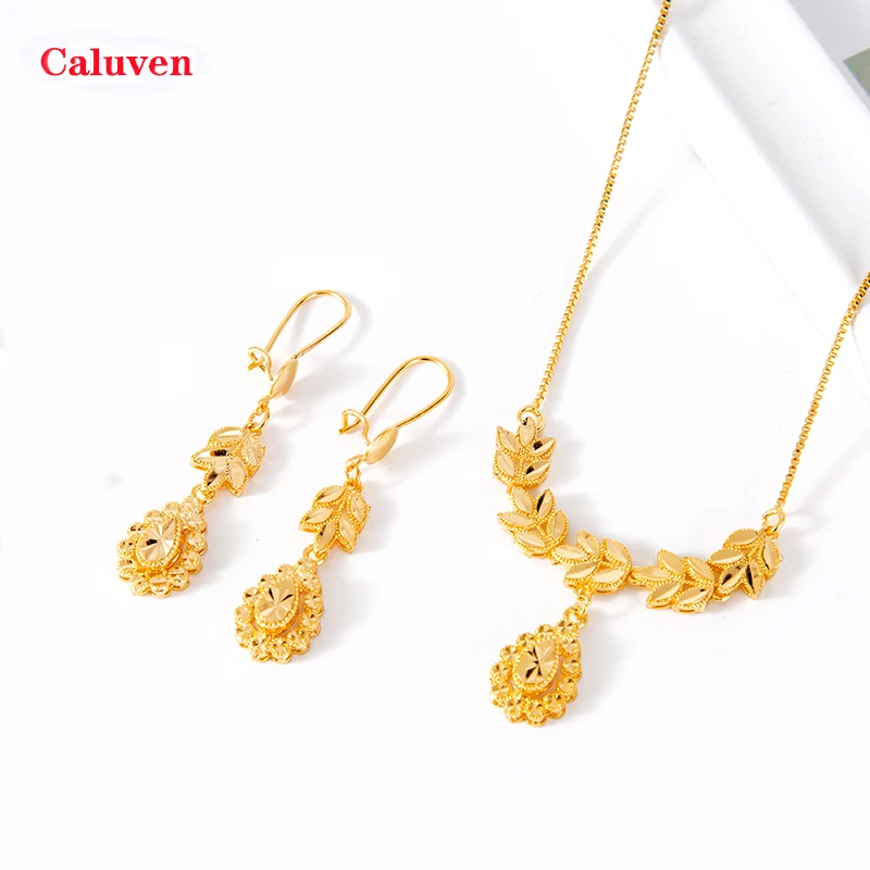 Ethiopian Dubai Jewelry Sets for Women 18k Gold Plated Copper African Necklace Earrings Sets Arab Wedding Bridal Dowry Jewelry