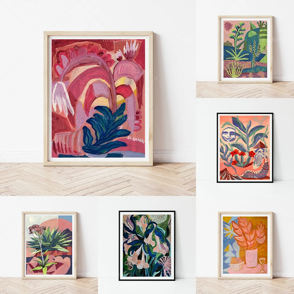 

Still life painting abstract floral wall art | colorful mid-century modern decoration | vintage flower plant poster