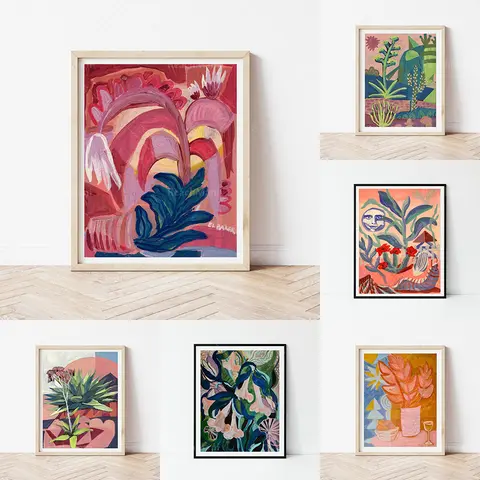 abstract wall decoration poster Still life painting abstract floral wall art | colorful mid-century modern decoration | vintage flower plant poster