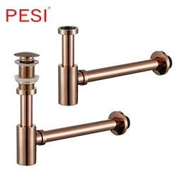 Basin Pop Up Drain Rose Gold Brass Bottle Trap Bathroom Sink Siphon Drains with Pop Up Drain Kit P-TRAP Pipe Waste Hardware.