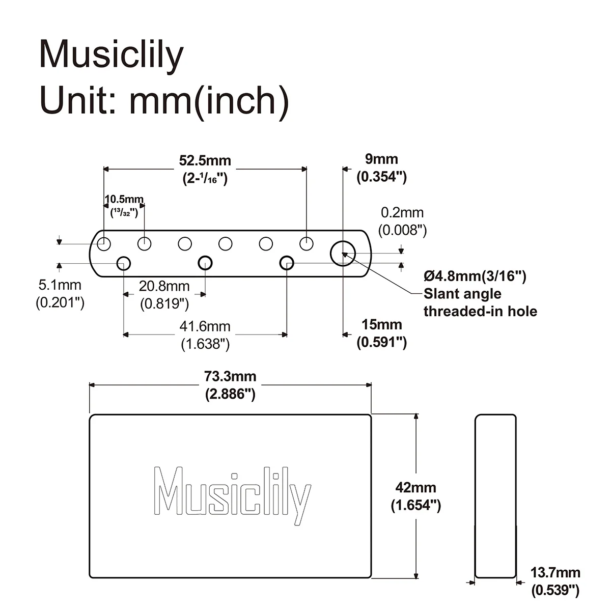 Musiclily Ultra 10.5mm Brass 42mm Standard MIM Tremolo Block for Mexico Fender ST and China made Squier Classic Vibe/Speical