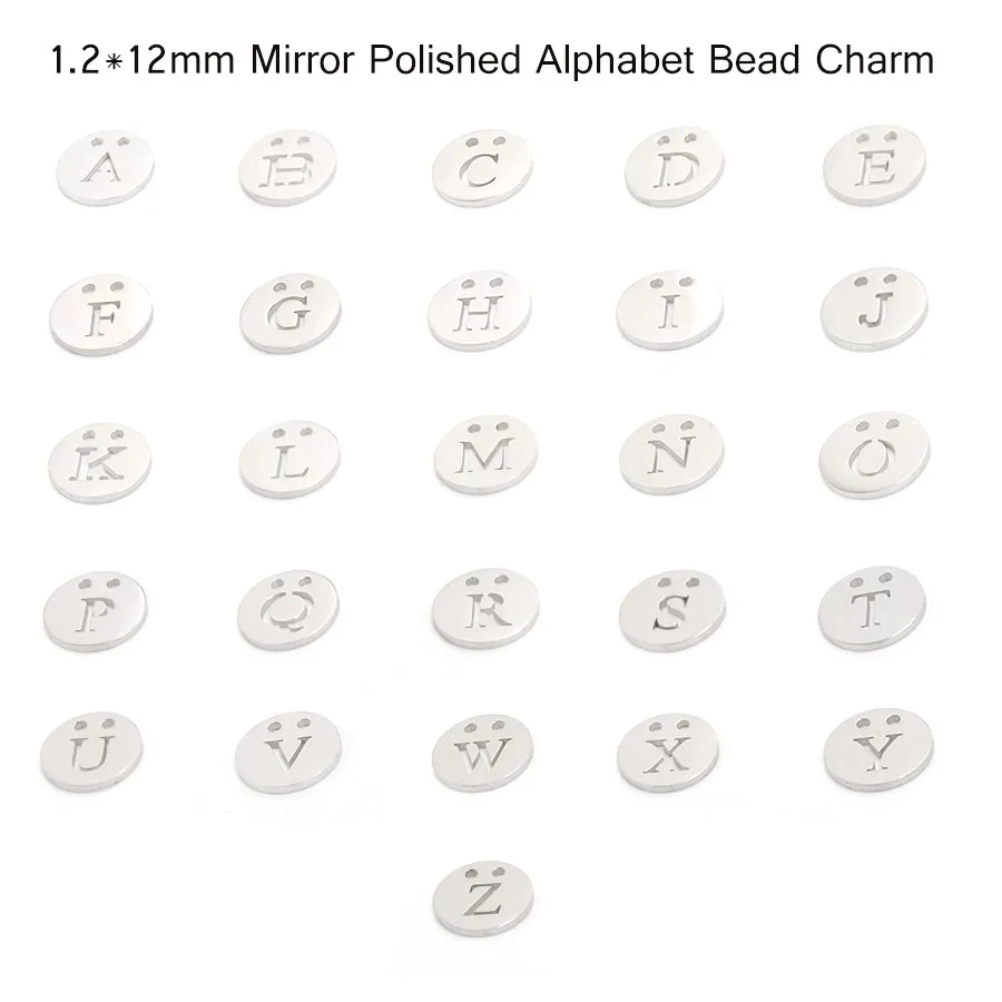 26pc 2Colors 12mm Stainless steel Mirror Polished Beads Initial Alphabet Letter A-Z Round Letter Tag 2holes DIY Jewelry Finding