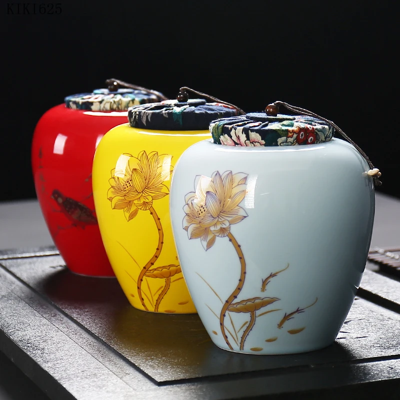 

Creative Lotus Leaf Lotus Pattern Ceramic Tea Tin with Lid Sealed Candy Jar Kitchen Small Objects Storage Jar Storage Container