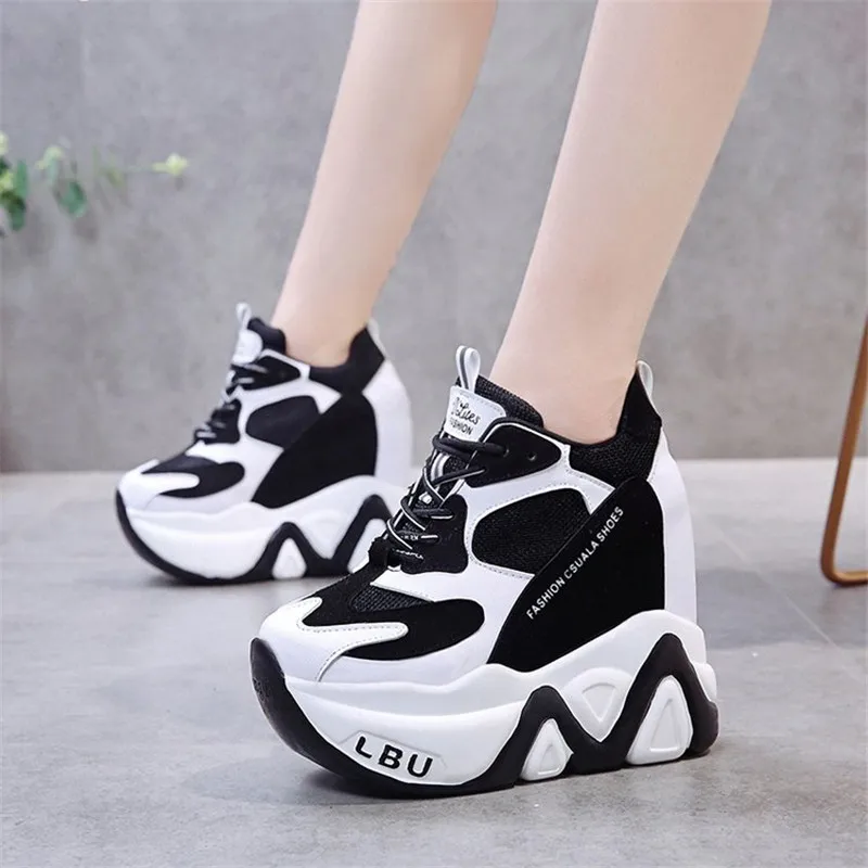 Sapatos de plataforma alta respirável para mulheres, Sapatos crescentes de altura, Sapatilhas grossas, Tênis, Novo, 12 cm