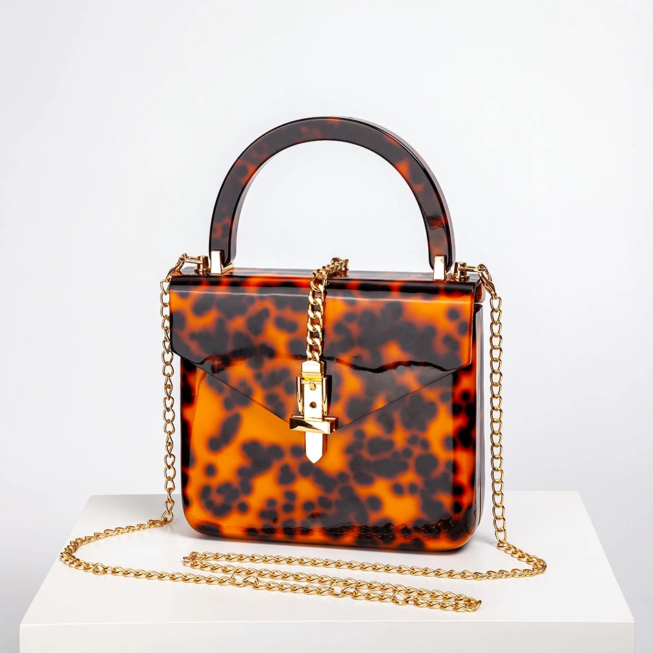 Leopard Print Acrylic Box Evening Bag Women 2021 Retro Top Handle Marble Pattern Dinner Clutch Purses Ladies Chain Shoulder Bag