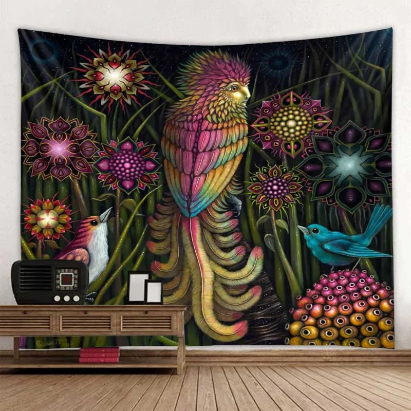 Jungle Bird Art Tapestry Psychedelic Scene Home Decor Art Wall Hanging Hippie Boho Aesthetic Room Decor Home Wall Decor Yoga Mat