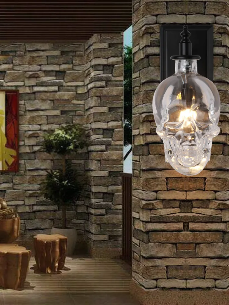 personalized creative bar lamp thriller Nordic simple retro industrial style skull head wine bottle wall lamp
