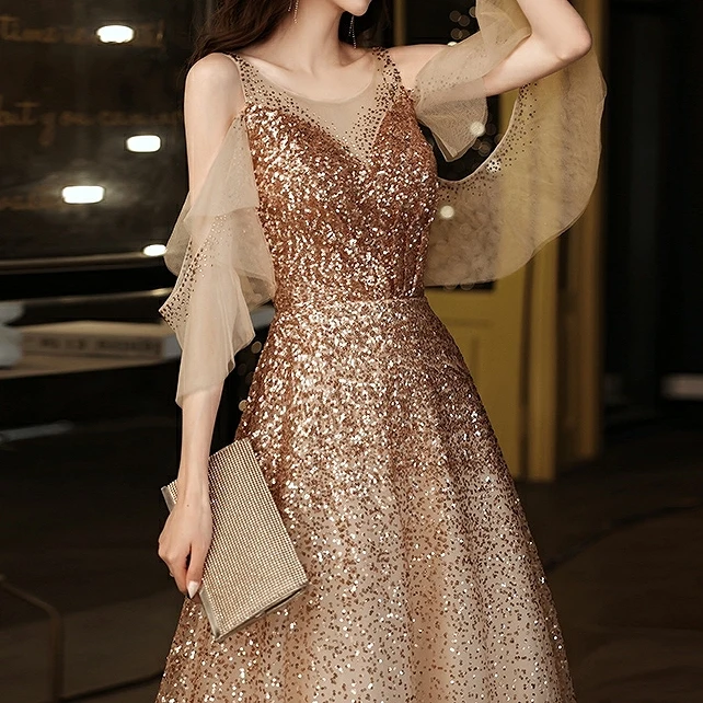 Luxury Bridesmaid Dresses Champagne Gold Flare Sleeve Beaded Floor-Length A-Line Wedding Guests Formal Party Evening Prom Gown