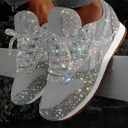 Women Flat Glitter Sneakers Casual Female Mesh Lace Up Bling Platform Comfortable Plus Size Vulcanized Shoes 2019 Soft Knitting