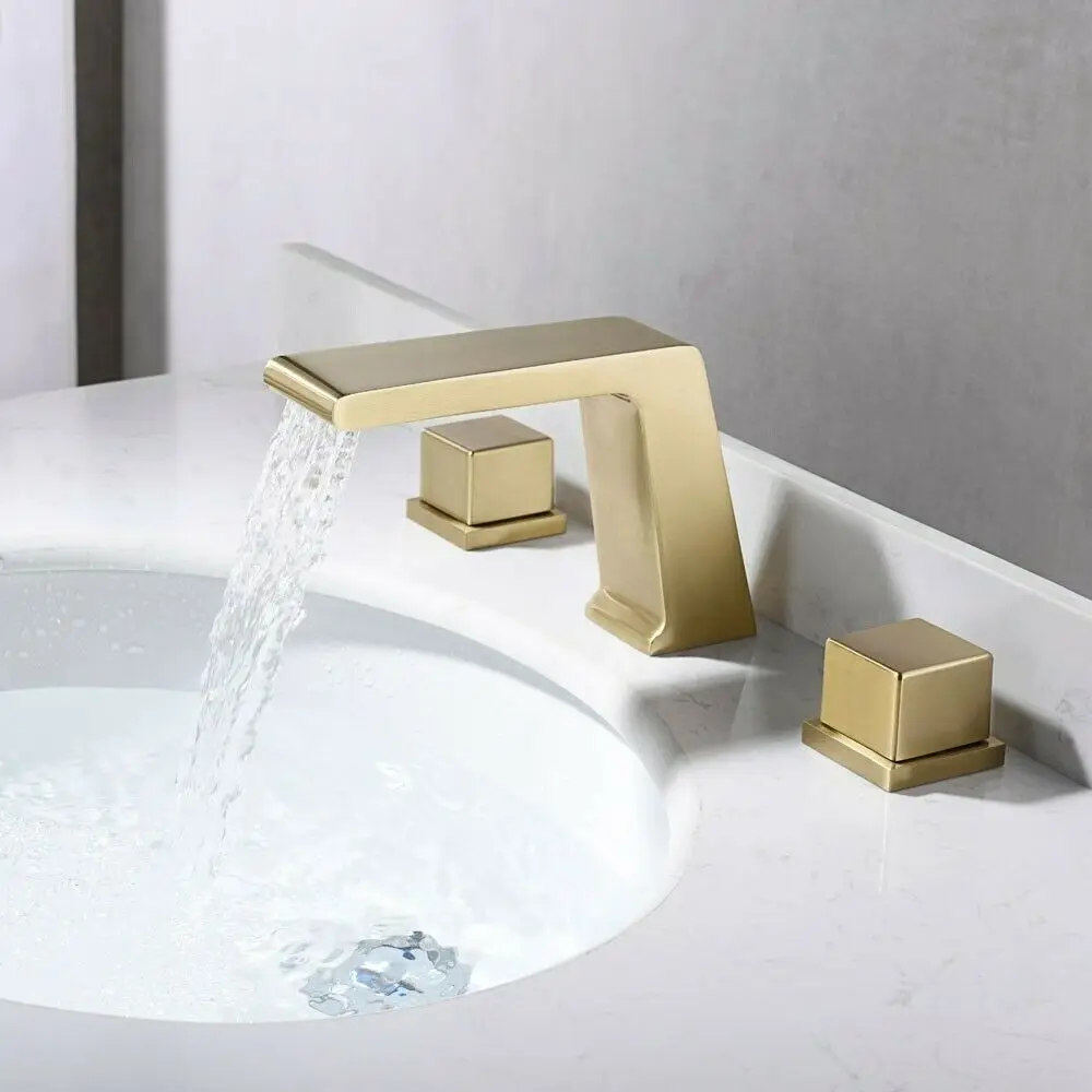 Free ship Double Handles square Waterfall Bathroom Sink Faucet 3 holes  8