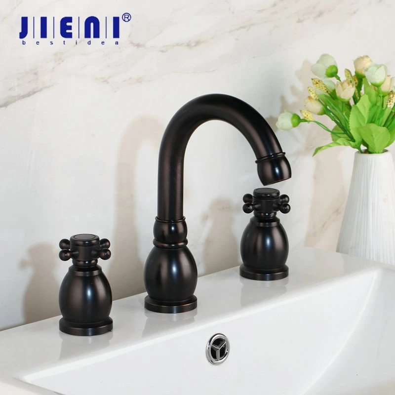 

JIENI Black Painting 3 Pcs 2 Handles Swivel Bathroom Bathtub Basin Faucet Solid Brass Antique Brass Deck Mounted Basin Mixer Tap