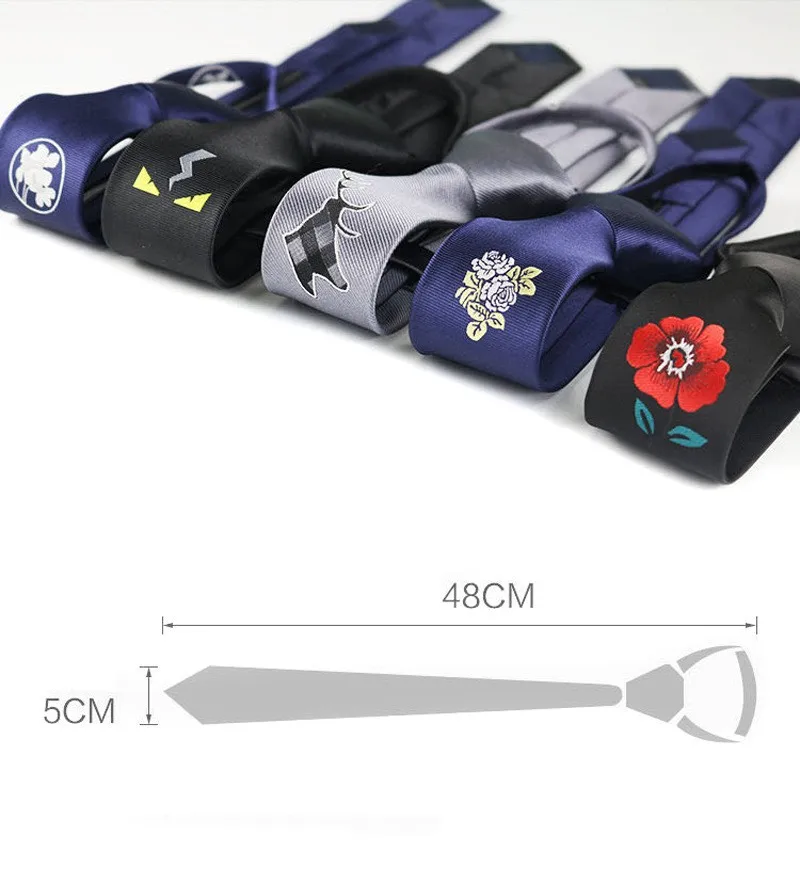 Men's Embroidered Tie Zipper Lazy 5CM Easy to Pull Marriage Personality Logo Narrow Necktie 5cm Crown Animal Letter Floral