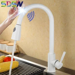 Pull Out Kitchen Wasserhahn SDSN Weißen Pull Unten Küche Waschbecken Wasserhahn Smart Touch Control Küche Armaturen Sensor Weiß Küche Tap