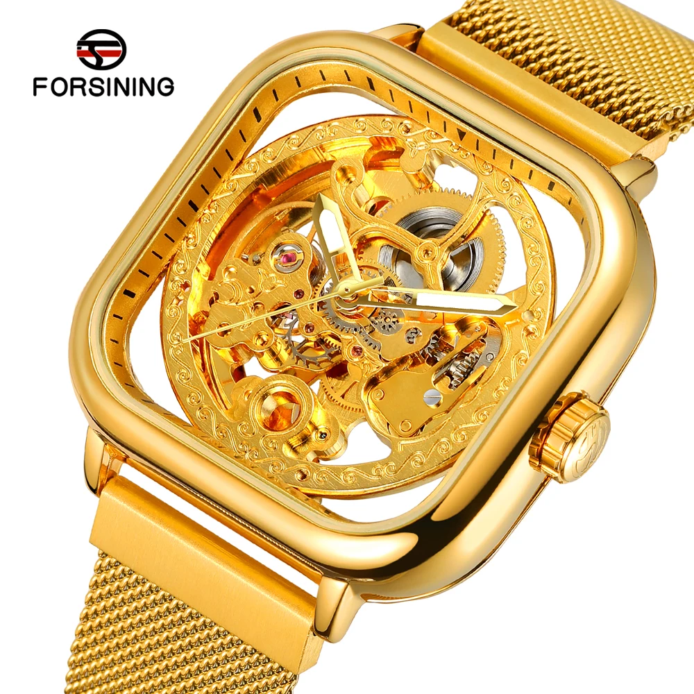 Fashion Forsining Top Men Mechanical Watches Automatic Self-wind Golden Transparent Mesh Steel Wristwatch For Man Male Hot Hour