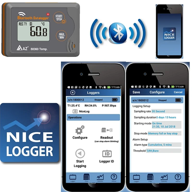 AZ 88360 Bluetooth Temp. Data Logger Programming Logger & Download Data Wireless Through Advanced Bluetooth 4.0 Technology.