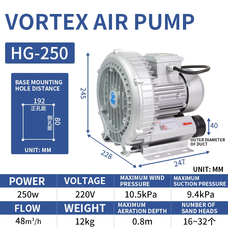 HG-120/180/250高圧渦ファン遠心ファン産業の強力な送風機渦空気ポンプ真空ポンプ魚池エアレーター