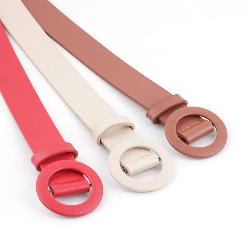 Multicolor PU Leather Women\'s Belt Fashion Round Buckle Needle Free Perforated Jeans Decorative Pants Belt Black Beige Pink Red