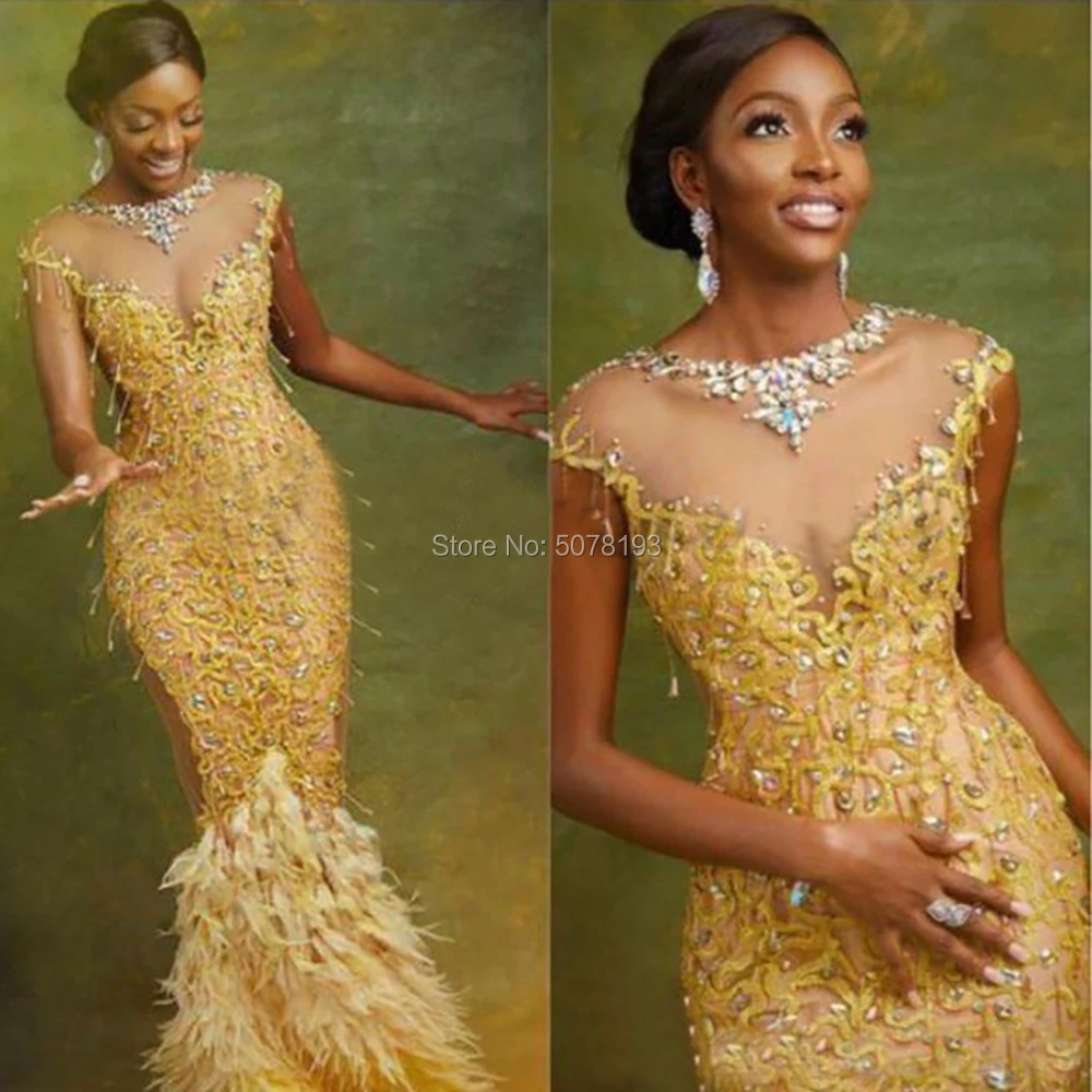 

Customized Sexy Luxury O-neck cap-sleeve natural mermaid/trumpet tulle&feather&lace long evening dresses/party gowns 2025