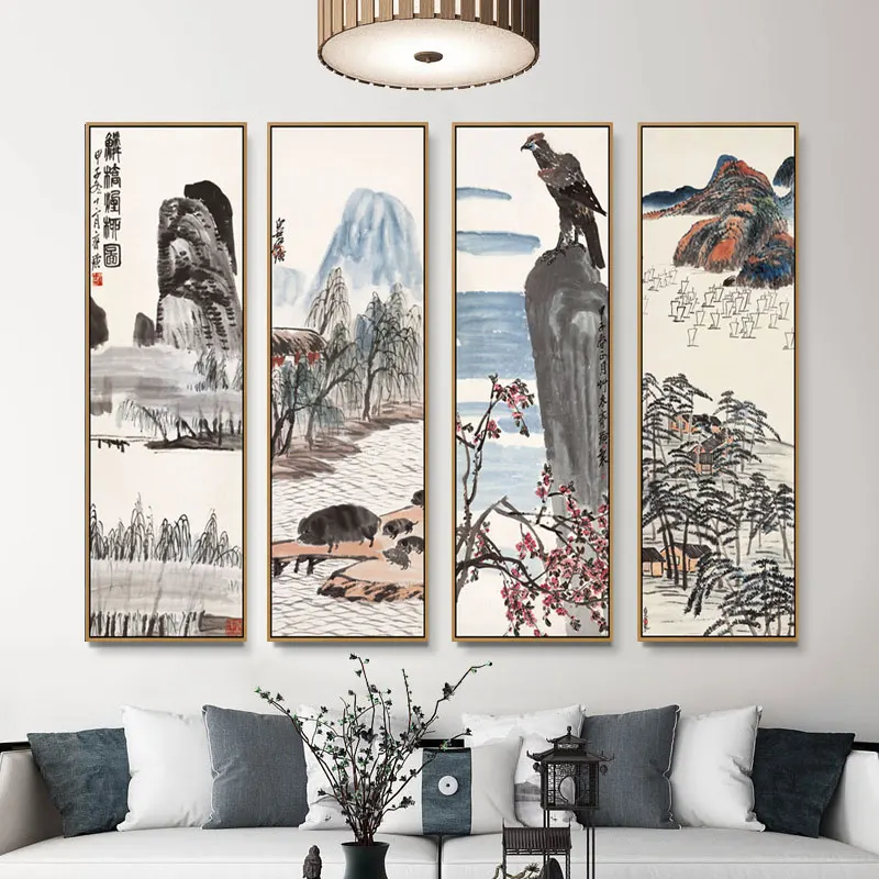 Chinese style canvas painting ink art combination decorative painting Chinese painter Qi Baishi large-scale vertical art mural