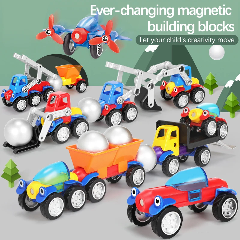 56pcs Magnetic Blocks Car Toys Magnet Sticks Metal Balls Magnetic Designer Constructor Set Vehicle Toys Variety magnetic car