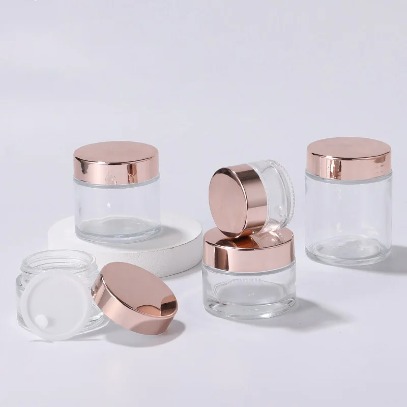 10pc Clear Frosted Glass Cream Jar Cosmetic Container 5-100g Cosmetic Jars Rose Gold Lid Glass Bottle Cream Container Empty Jars