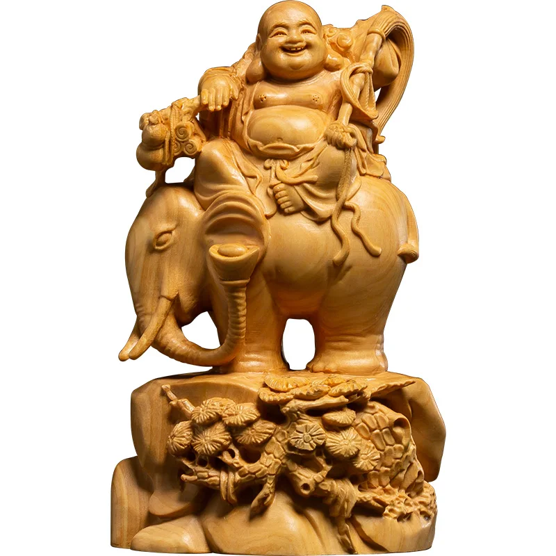 

Wooden Carved Laughing Buddha on Elephant, Handcrafted Home Altar Decor, Maitreya Buddha Statue