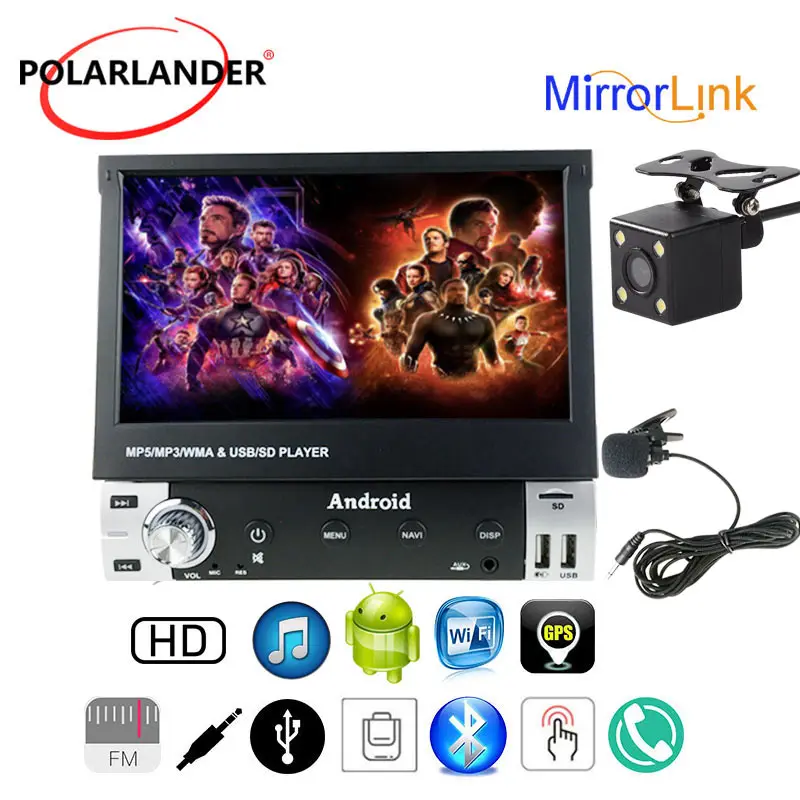 Car Radio 1 DIN Android System GPS Navigation 7 Inch Telescopic Screen FM/Bluetooth/SD/AUX IN Dual USB Port Support USB DVR Mic