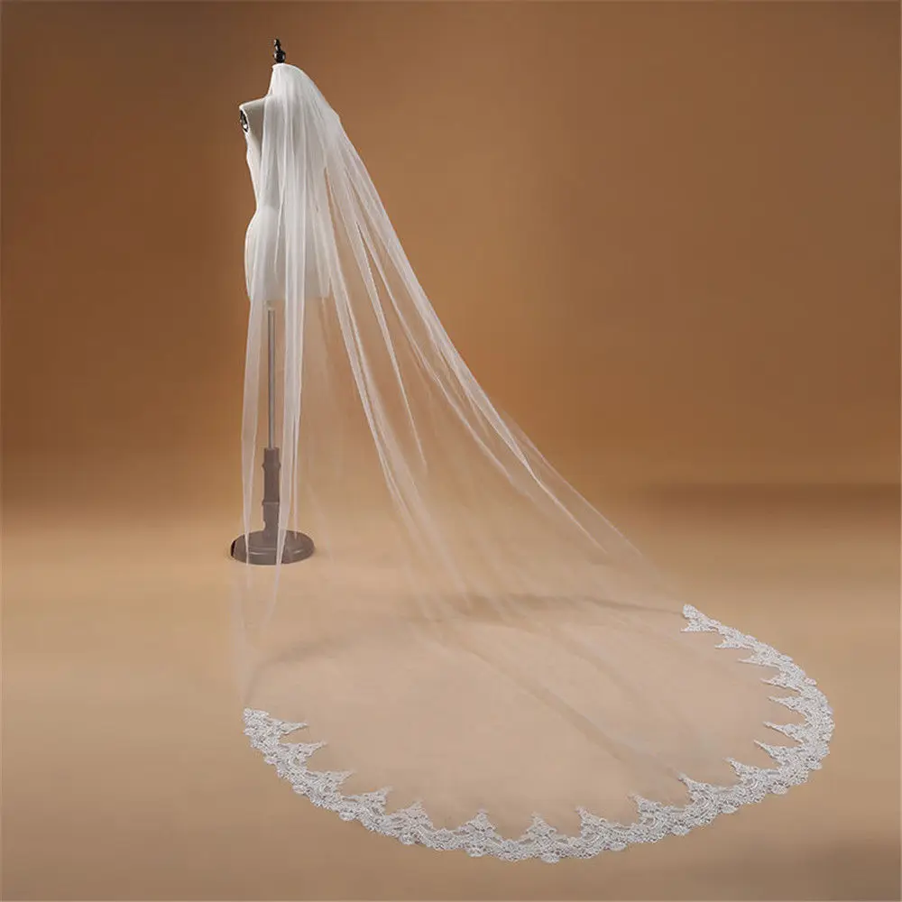 Voile Mariage 3 M 1 레이어 레이스 엣지 화이트 아이보리 대성당 웨딩 베일, 긴 신부 저렴한 여성 액세서리