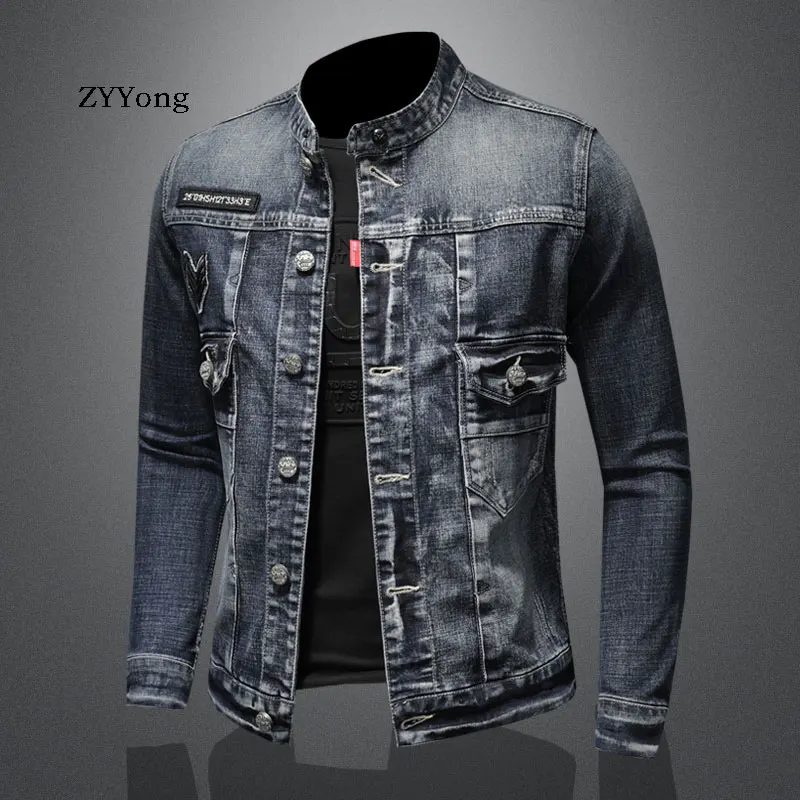 Nieuwe Lente Europese Stijl Stand Kraag Enkele Breasted Bomber Pilot Blue Denim Jacket Mannen Jean Jas Motorfiets Casual Kleding